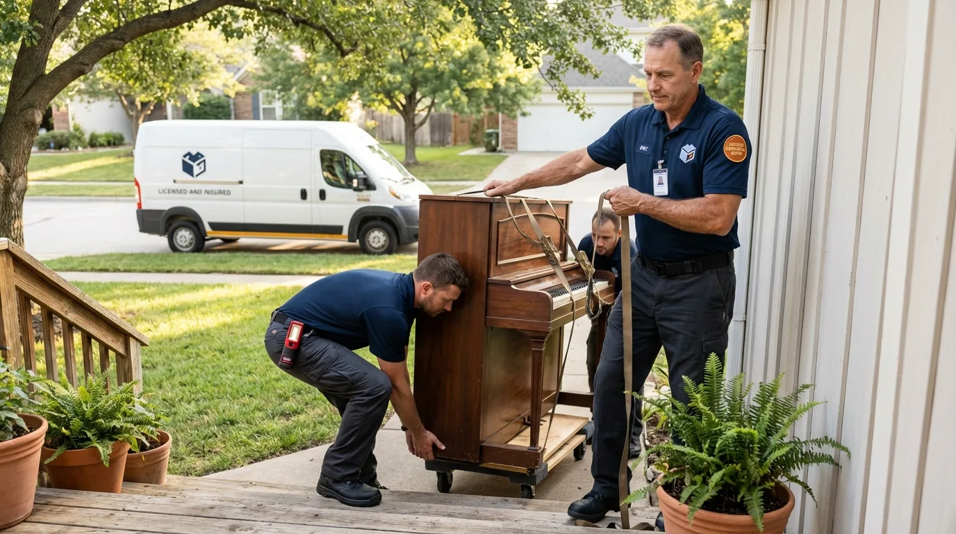 Licensed piano movers securing grand piano in Springdale, AR