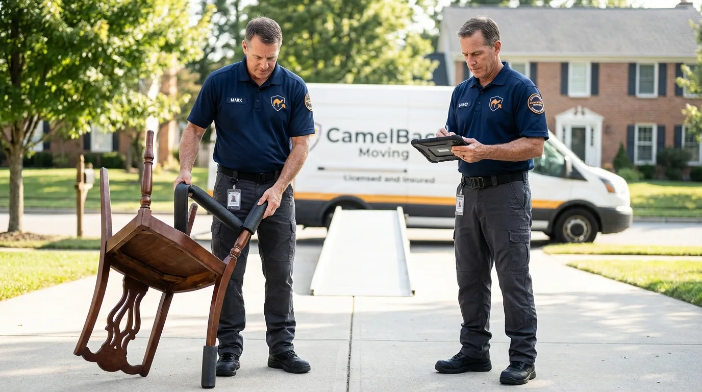 Movers inspecting furniture for damage prevention before loading in Springdale, AR